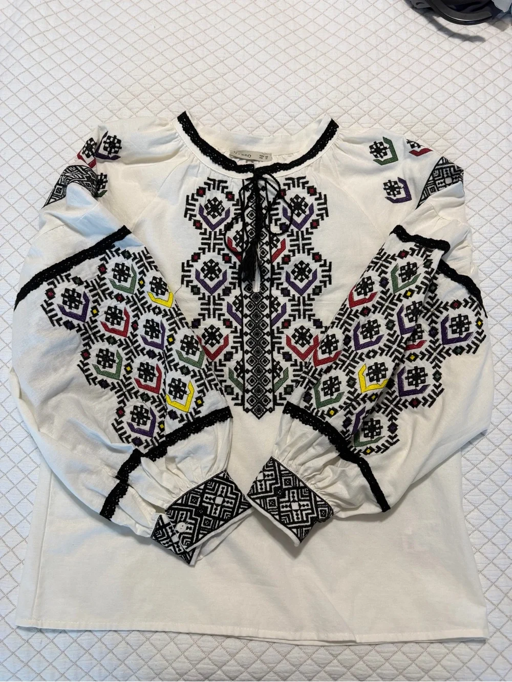 Embroidered White Peasant Blouse with Multicolor Accents - Picture 7 of 9